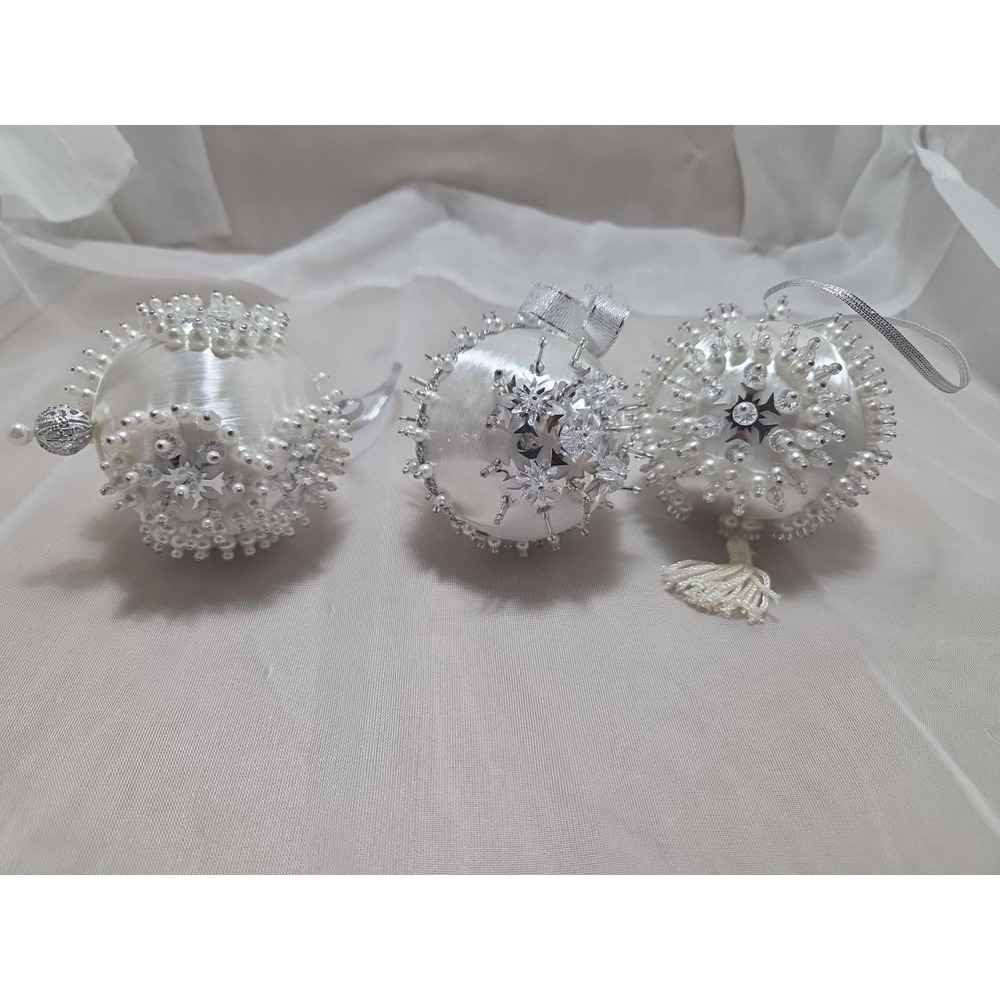 Set of 3 Vintage Handmade Silver Snowflake Christmas Ornaments with Tassel
